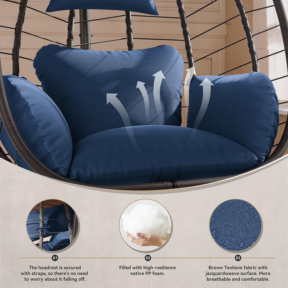 Kurapika Egg Swing Chair Indoor Outdoor Patio Wicker Rattan Hanging Egg Chair with Stand, Hammock Swing with Cushioned Headrest, 350LB Capacity for Bedroom, Balcony, Garden (Navy Blue)