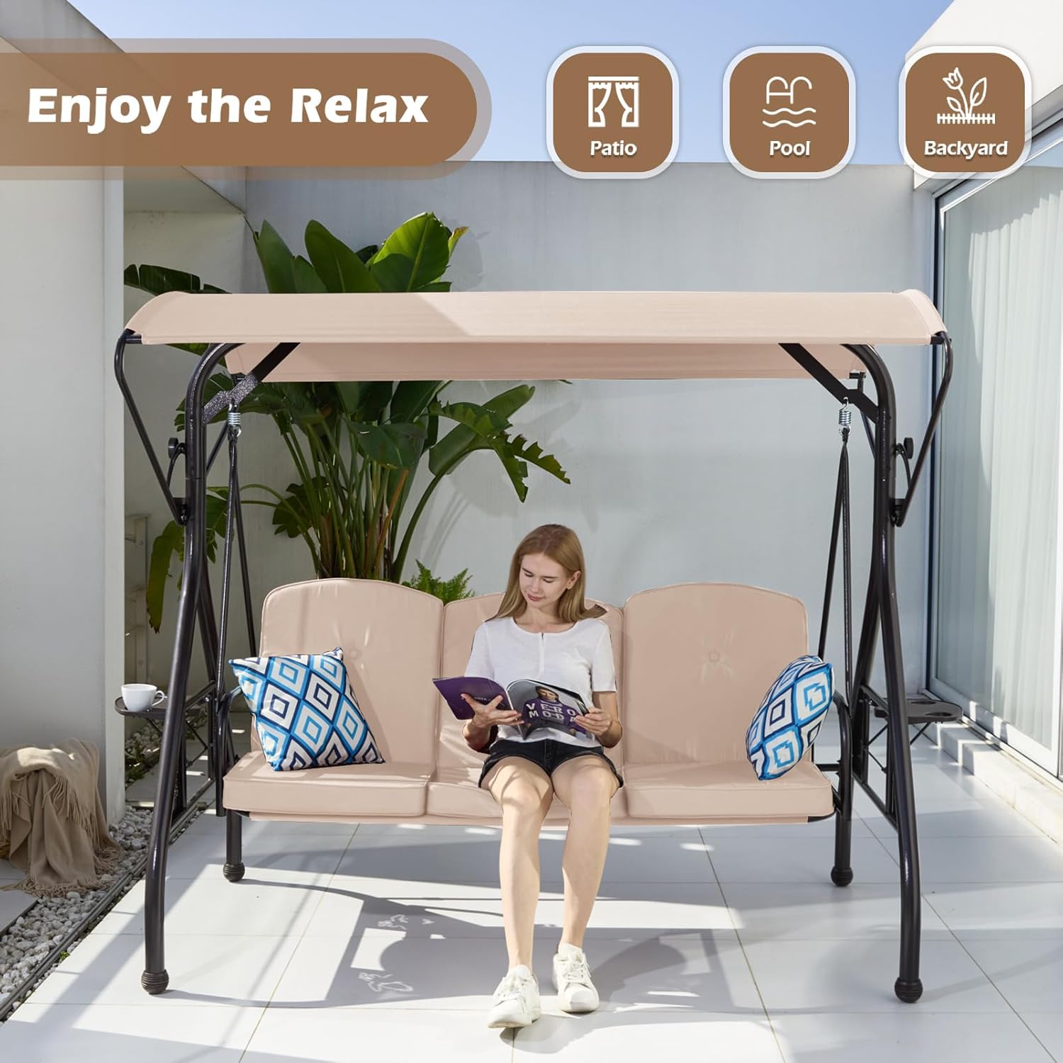 ZZW 800LBS Patio Swing with Canopy 3 Seat Outdoor Porch Swing with Stand w/Cup Holder & Pillow Glider Chair Swing Bed for Patio Backyard Poolside (Khaki)