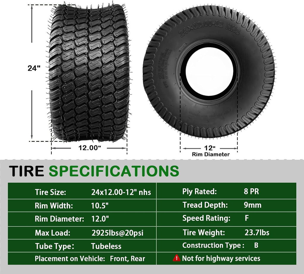 TRIPOWER 24x12x12 Lawn Mower Tires - 24x12.00-12 Tires for Lawn Garden Mower and Tractor, 8 Ply Tubeless, 1710lbs Capacity, Set of 2