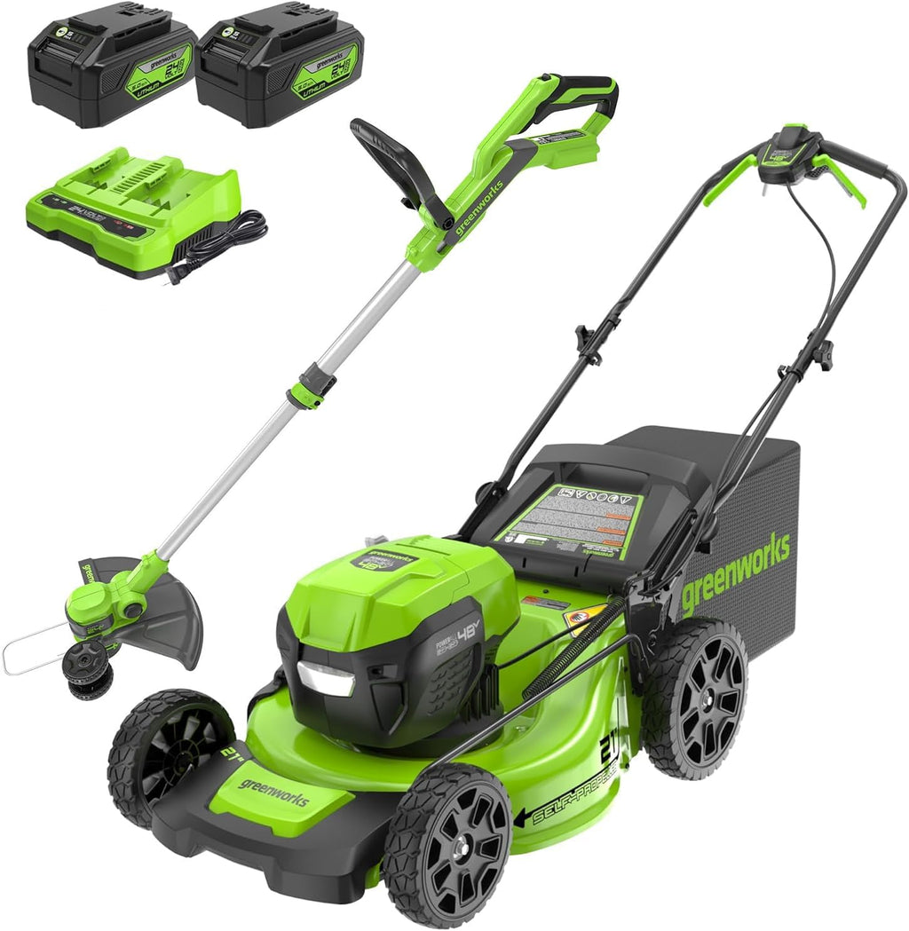 Greenworks 48V (24V x 2) 21' Cordless Battery Self-Propelled Lawn Mower w/Two (2) 5.0Ah USB Batteries & Charger 24V 12' Cordless Battery String Trimmer/Edger (Tool Only) Kit