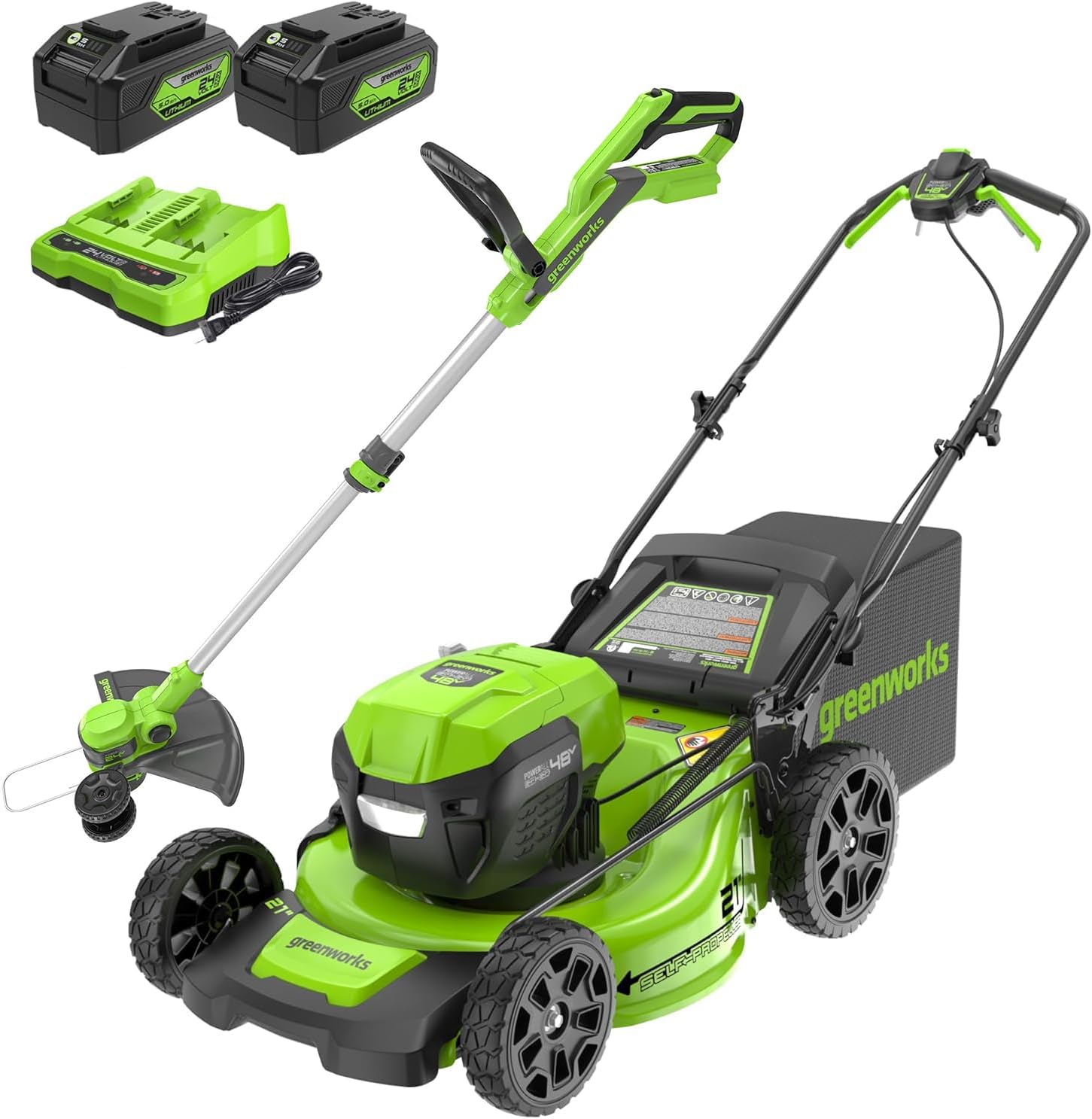 Greenworks 48V (24V x 2) 21' Cordless Battery Self-Propelled Lawn Mower w/Two (2) 5.0Ah USB Batteries & Charger 24V 12' Cordless Battery String Trimmer/Edger (Tool Only) Kit