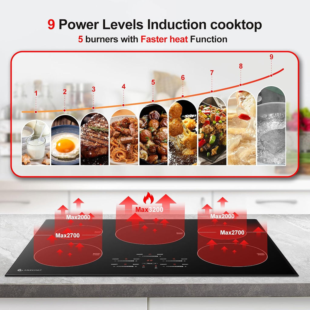 30 Inch 10600W Induction Cooktop,AMZCHEF 9 Levels Electric Cooktop with 5 BOOST Burners, Bulid-in Induction Stove Control by Slide Touchscreen, Safety Lock, Independent Timer, No Plug, 240V