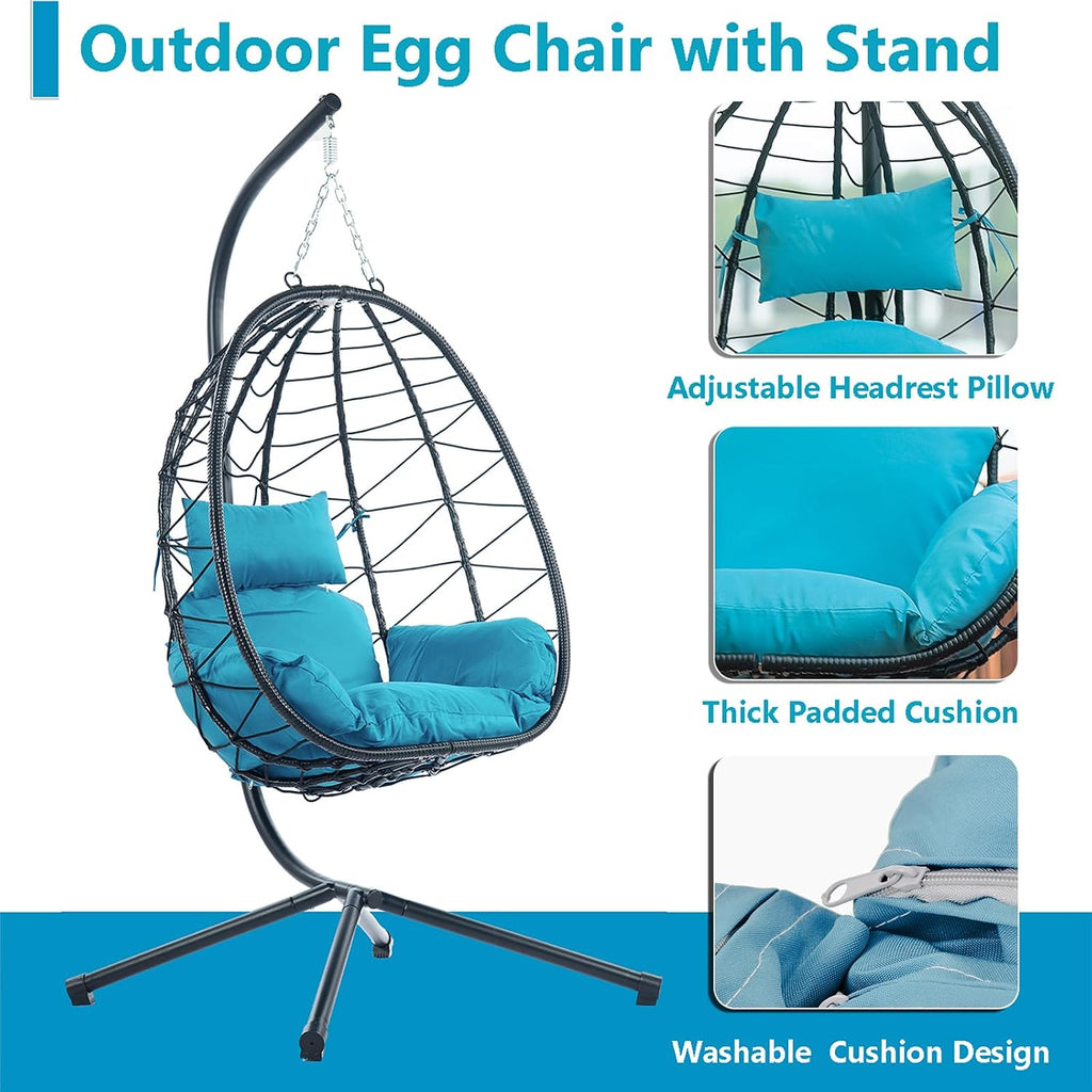 Hanging Egg Chair with Stand, Black Wicker Rattan Swing Egg Chair, Indoor Outdoor Swing Chair for Patio Balcony Porch Bedroom, 350 LBS Capacity (Light Blue)