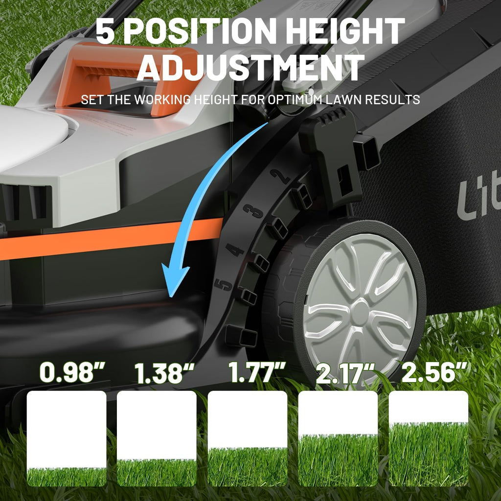 Litheli 13 Inch Electric Lawn Mower Cordless,Grass Cutter Machine for 2600 Sq.Ft. Lawnmower, 8 Gallon Capacity, Cutting Height from 1 to 2.5 in, Includes 2X4.0 Ah Battery.