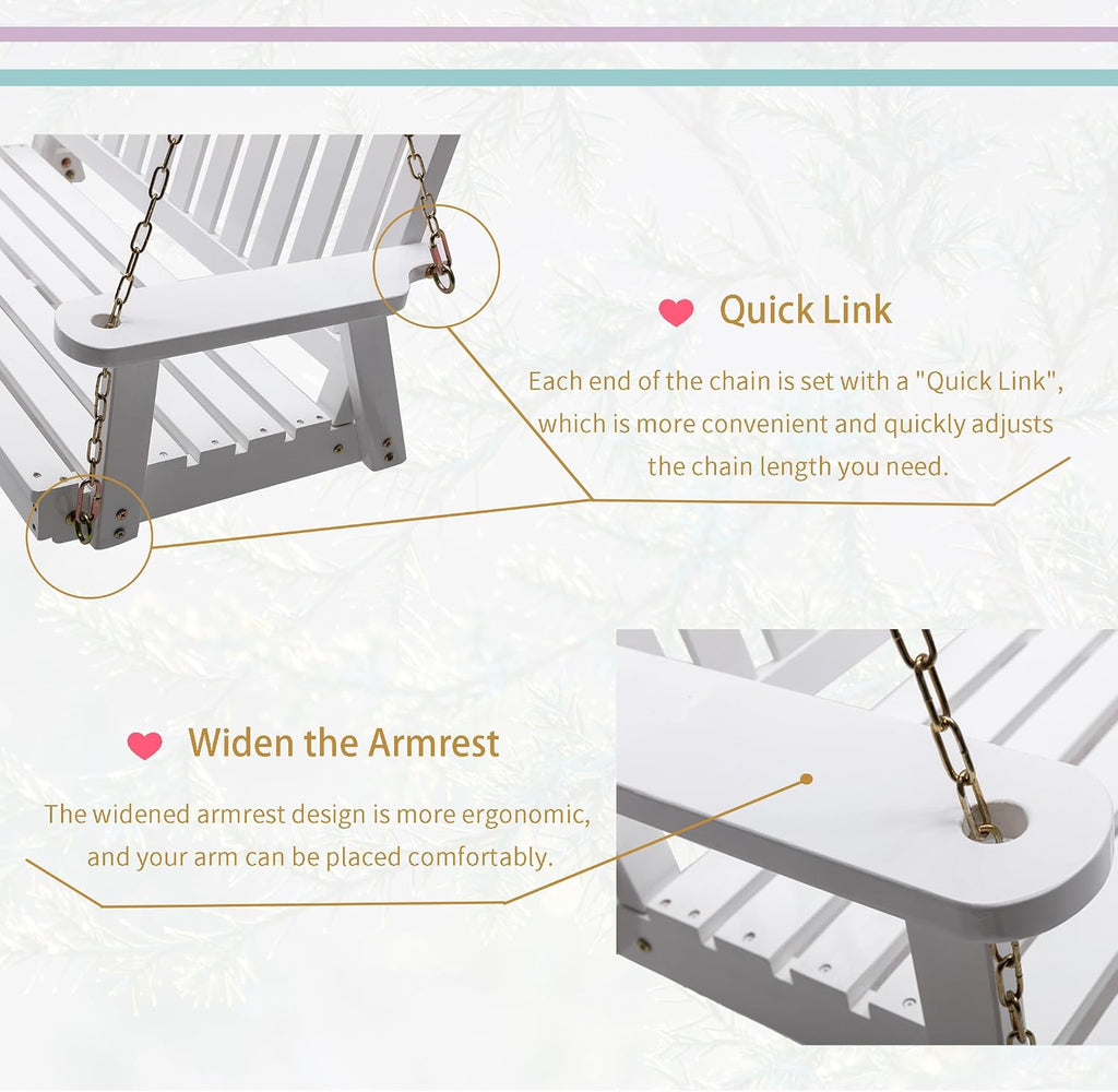 Anraja Wooden Porch Swing 2-Seater Bench Swing with Hanging Chains Heavy Duty 800 LBS for Outdoor Patio Garden Yard, Large 4 Ft, White