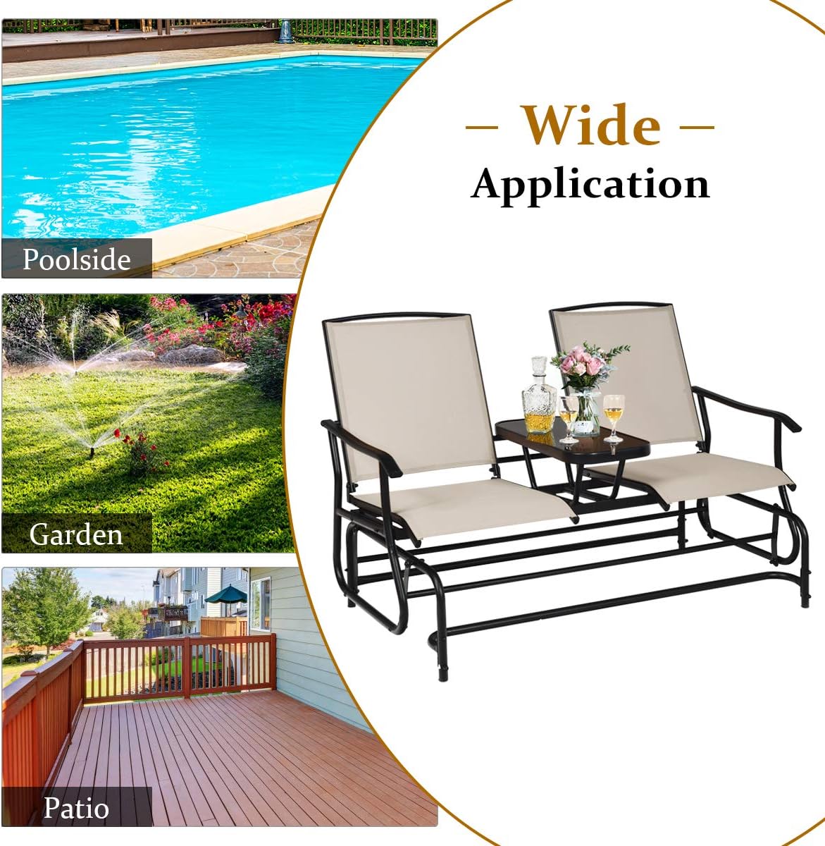 Giantex Patio Bench Glider Chair with Metal Frame, Center Tempered Glass Table, Outside Double Rocking Swing Loveseat for Porch, Garden, Poolside, Balcony, Lawn Rocker Outdoor Glider Bench(Beige)