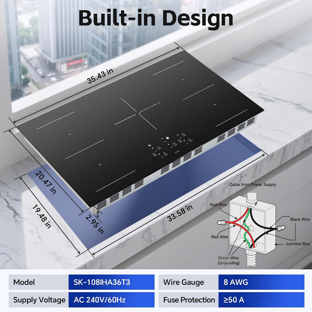 36 Inch Electric Induction Cooktop 5 Burners, 10800W Built-in Induction Stove Top with Double Bridge Function, Booster, Timer, Child Lock, Sensor Touch Control, 240V/50A, No Plug
