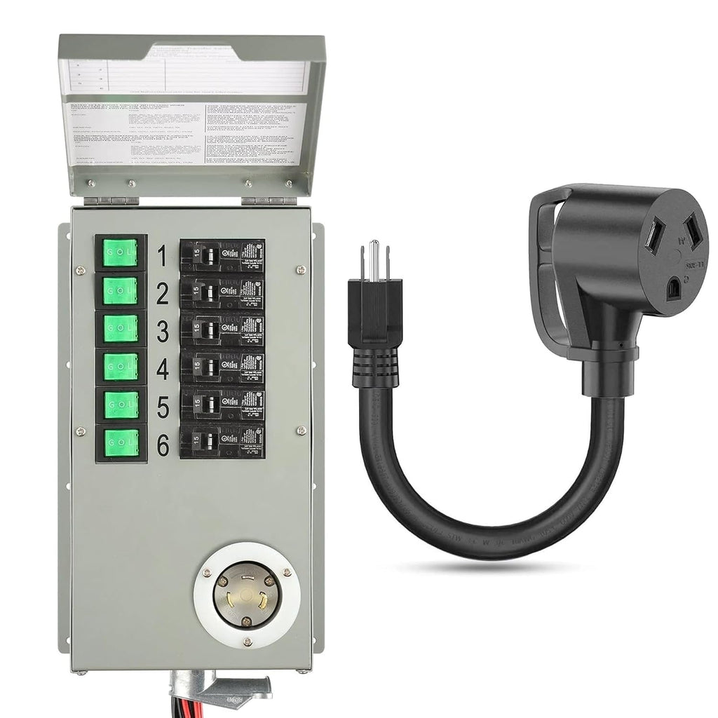 Nature's Generator Transfer Switch 6 Circuits 120V 30A Non-Automatic Power Transfer Kit(Indoor)+ 30A (NEMA TT-30R) to 15A (NEMA 5-15P) Adapter