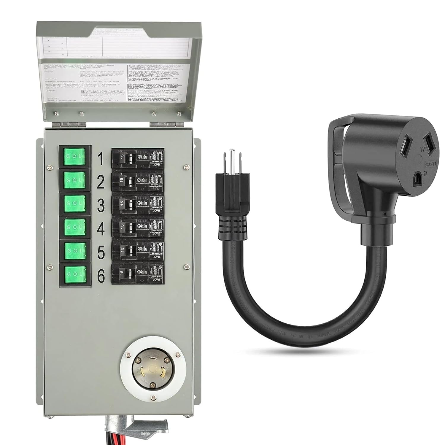 Nature's Generator Transfer Switch 6 Circuits 120V 30A Non-Automatic Power Transfer Kit(Indoor)+ 30A (NEMA TT-30R) to 15A (NEMA 5-15P) Adapter