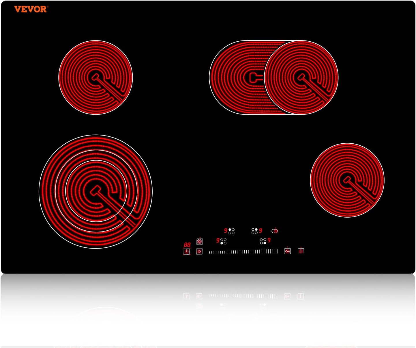 VEVOR Electric Stove Top 30inch 4 Burners Electric Cooktop,9 Power Levels & Sensor Touch Control,Easy to Clean Ceramic Glass Surface,Child Safety Lock,240V