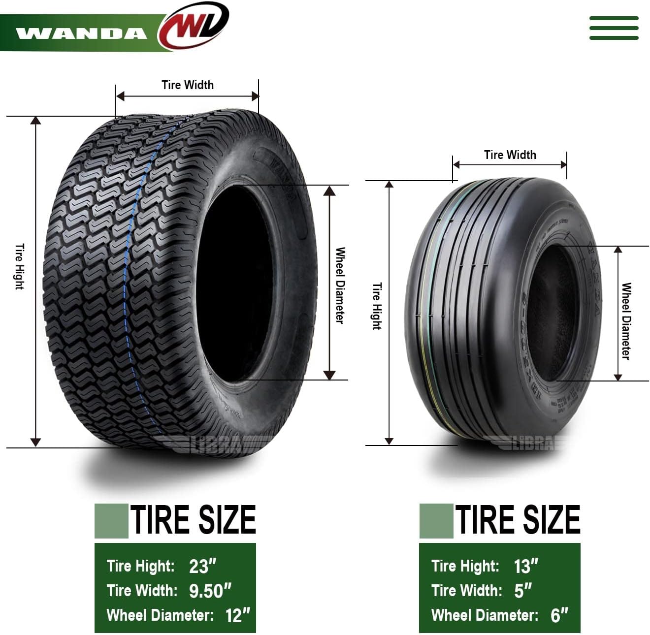 WANDA Set 4 Zero-Turn Lawn Mower Turf Tires 13x5-6 Front & 23x9.5-12 Rear /4PR -13080/13047