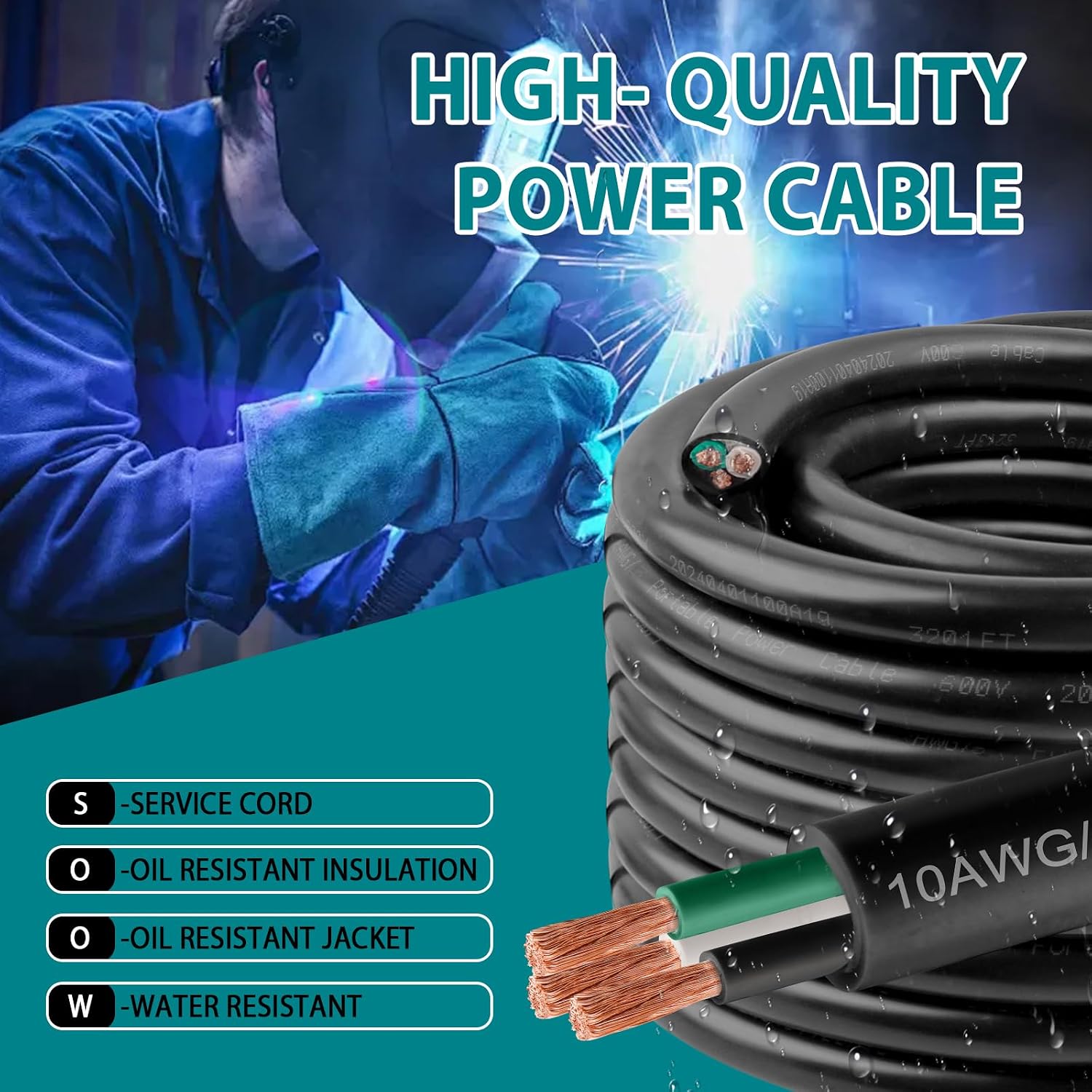 14/4 SOOW Wire 100FT, 14 AWG 600V SOOW Bulk Cable, 14 Gauge 4 Conductor Portable Power Cable, Extension Cord for Welder,Generator,Portable Light,Circuits,EV Car Charger,Motor Lead