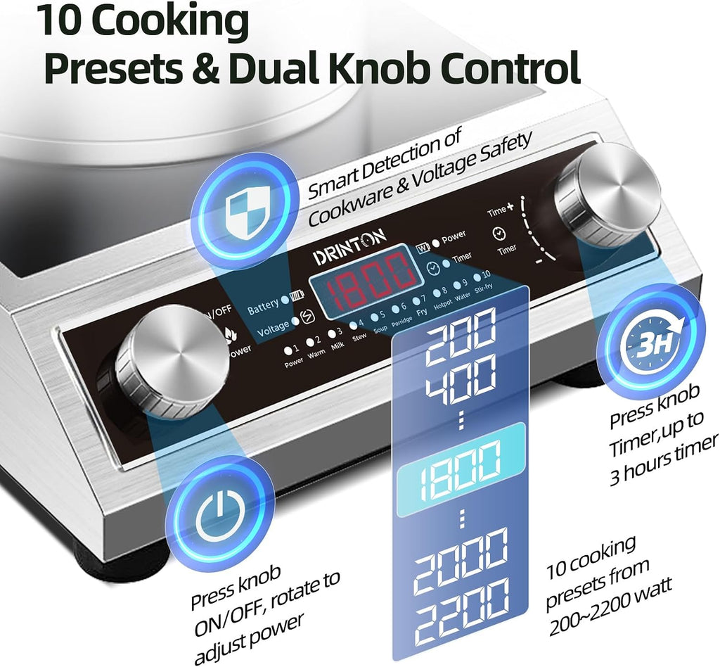 Induction Cooker, 2200W Commercial Induction Cooktop, Large Countertop Burner with 10 Cooking Functions & Dual IGBT for Safe Use, Portable Stainless Steel Hot Plate with 3 Hours Timer, 120V