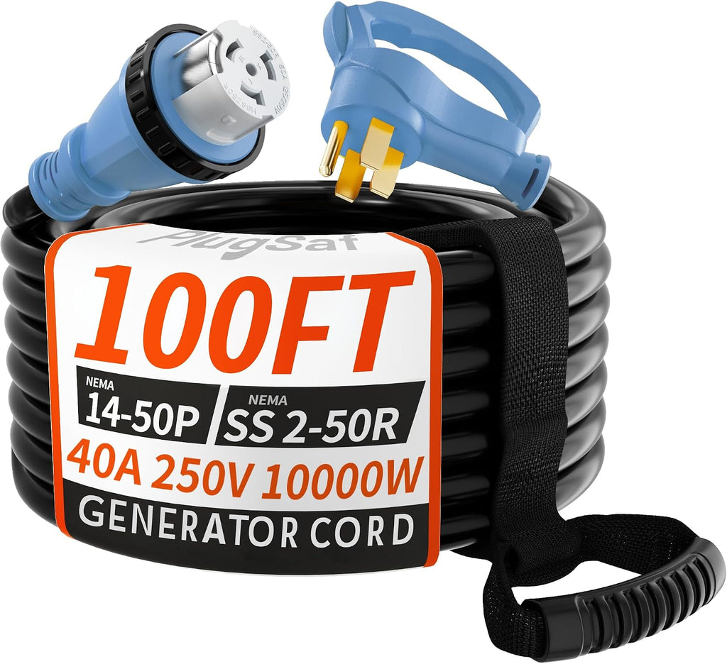 PlugSaf 40 Amp Generator Cord, 100FT 40 Amp RV Extension Cord with Twist Lock, Generator Cable 40A 4 Prong Blue, NEMA 14-50P/SS2-50R Heavy Duty STW Wire for RV Camper & House