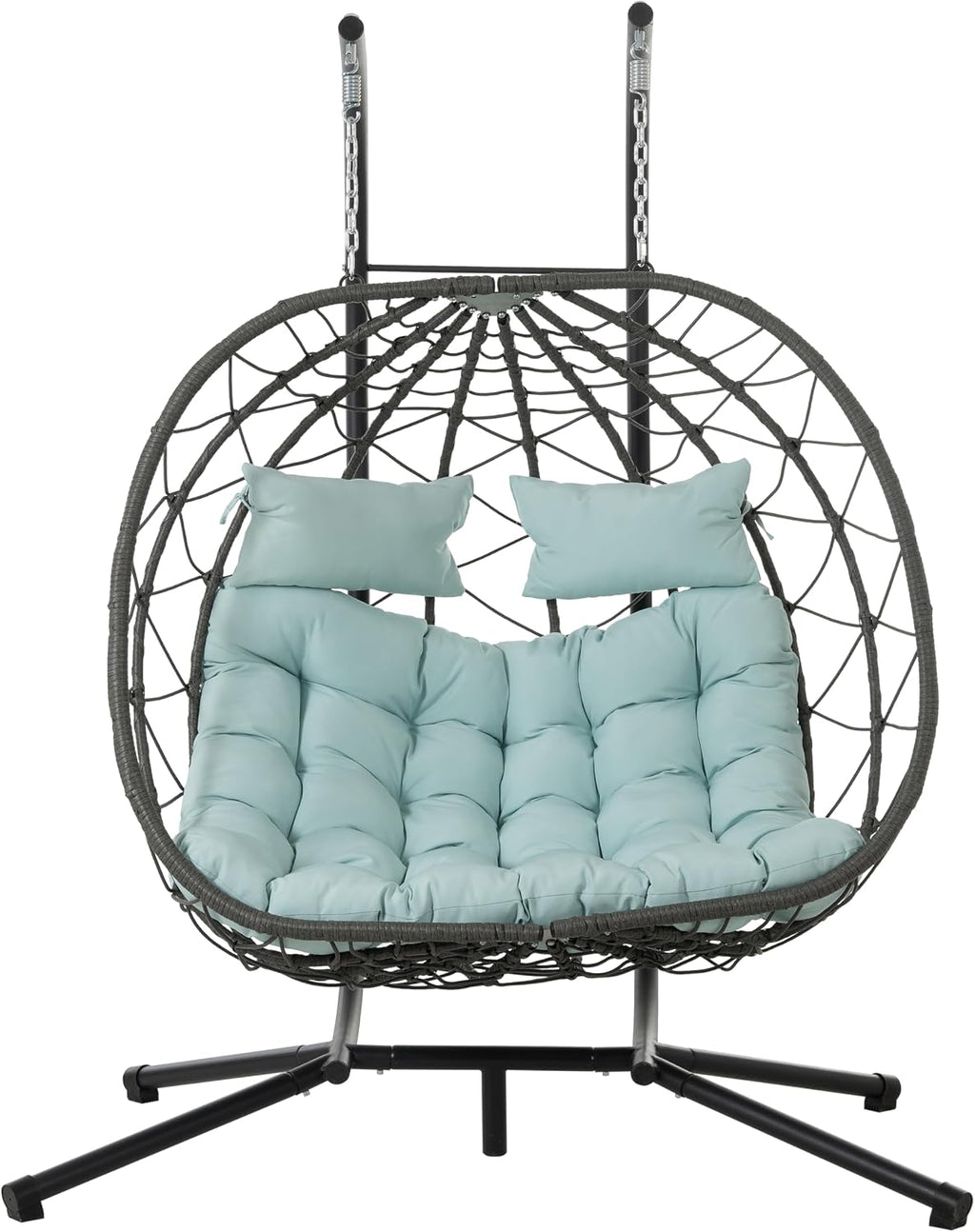 2 - Person Hanging Egg Chair with Stand, Steel Frame, for Outdoor & Indoor Use Double Wicker Egg Chair for Patio, Garden, or Balcony Blue