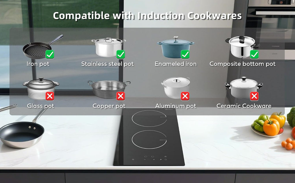 Induction Cooktop 12 Inch, 220V~240V, 2 Burners Electric Cooktop,3500W, 12'' Built-in Double Electric Stove Top Countertop Cooker with Hard Wire,No Plug