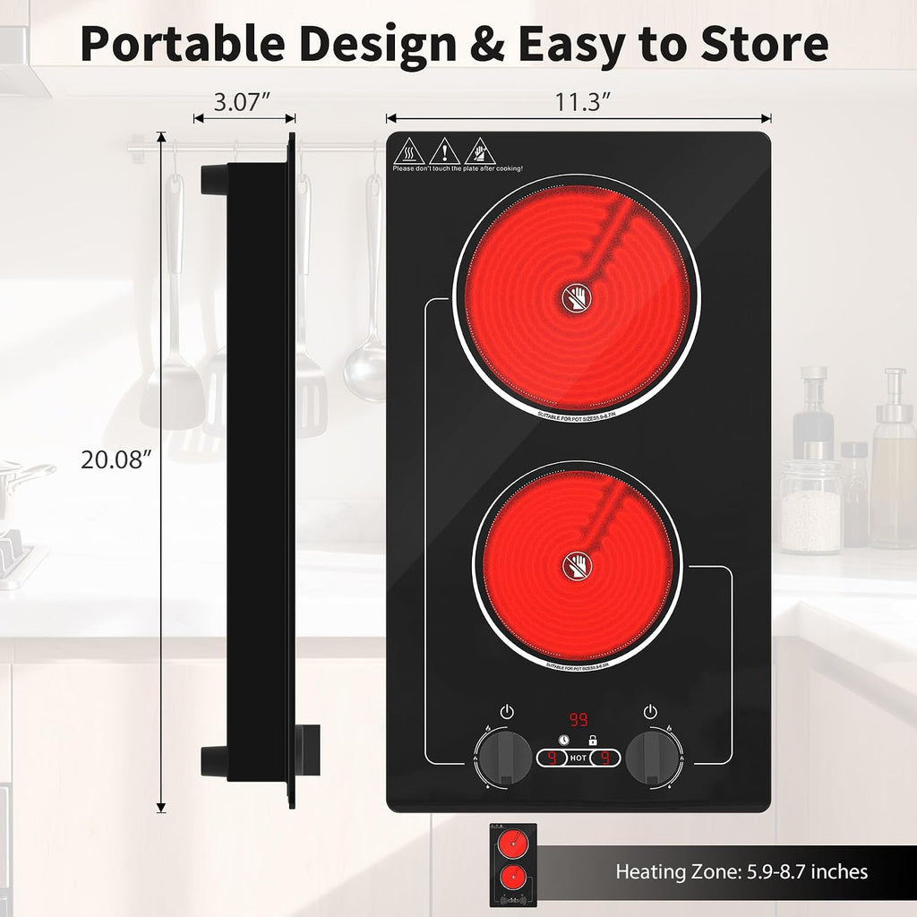 VBGK Electric Cooktop,110V 2100W electric Stove Top with Knob Control,Countertop/Built-in Design with 9 Power Levels,Kids Lock & Timer, Overheat Protection,and touch control 2 burner electric Cooktop.