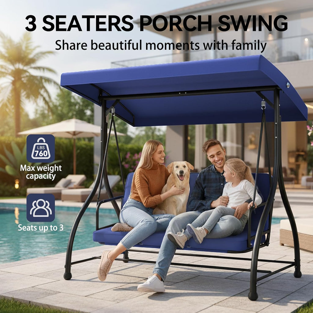 3-Seat Patio Swing Chair Outdoor Heavy Duty Steel Frame with Adjustable Canopy Removable Cushions - All Weather Porch Swings Glider for Backyard, Garden, Poolside - Navy Blue