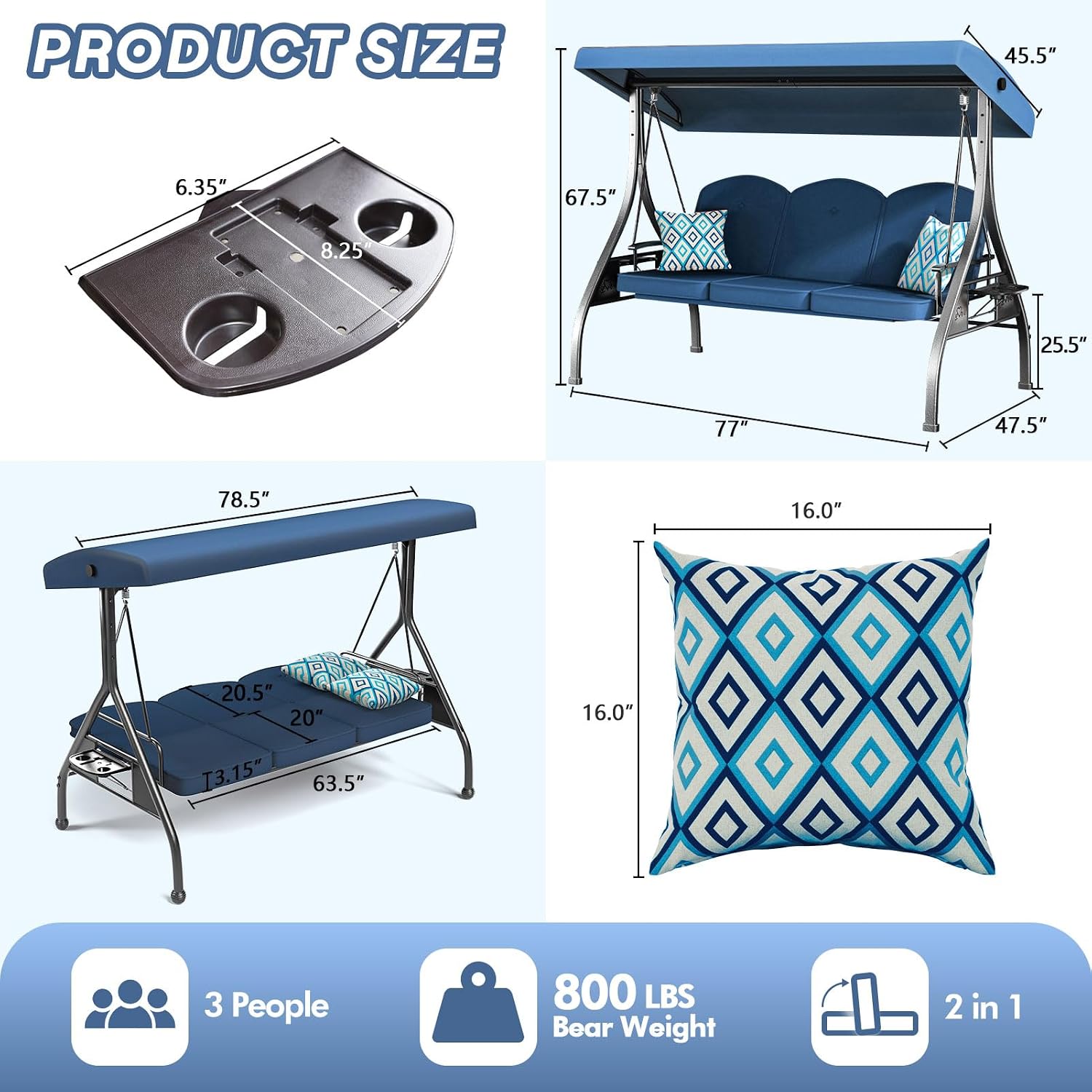 ZZW 3 Seat Outdoor Porch Patio Swing with Stand 800lbs 2-in-1 Convertible Swing Bed with Adjustable Canopy & Removable Cushion for Yard Garden Deck (Blue, Square Tube)