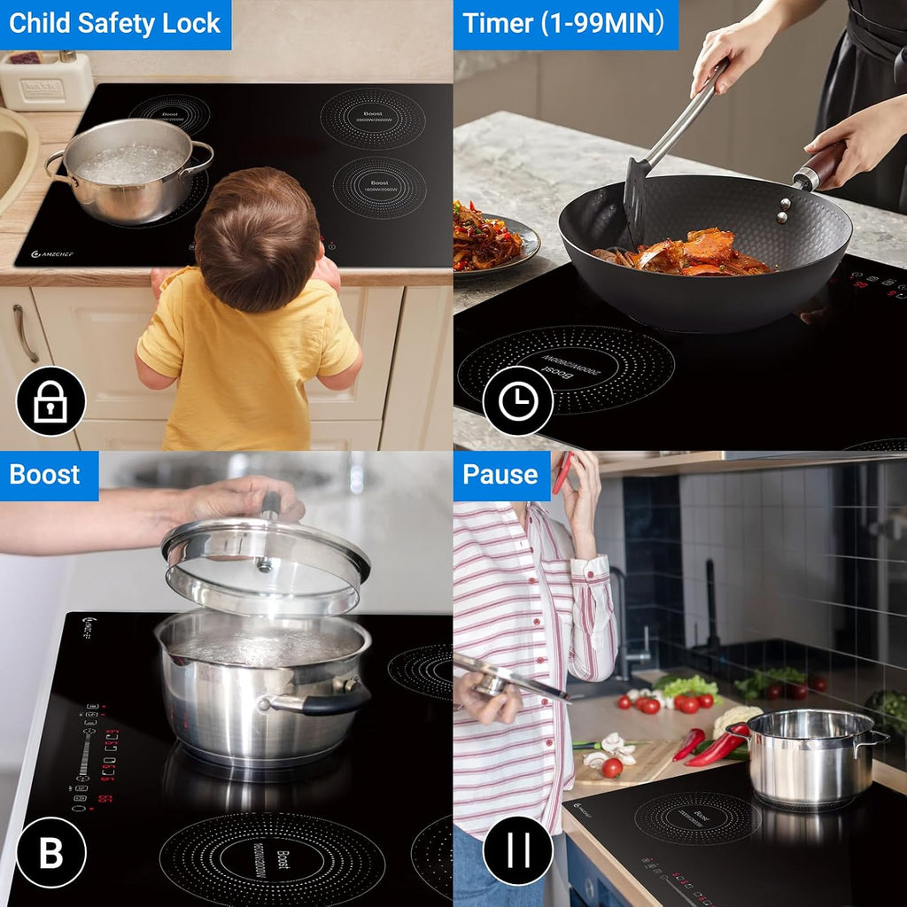 AMZCHEF Electric Cooktop 30 Inch with 4 BOOST Burners Bulid-in Induction Cooktop, 220V-240V/7200W 9 Levels Stove Control by Slide Touch, Child Safety Lock, Pause,Timer and Overheat Protection, No plug