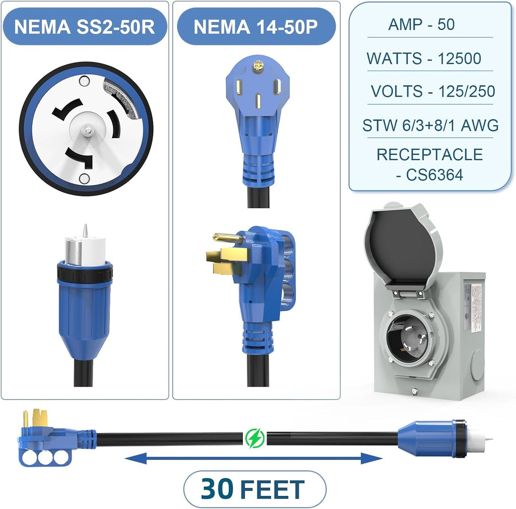 50 Amp Generator Cord and Power Inlet Box, 30FT 4 Prone RV Extension Cord, 125/250V NEMA 14-50P Male to SS2-50R Twist Locking Connector, STW 6/3+8/1 AWG, Transfer Switch for Home Generator