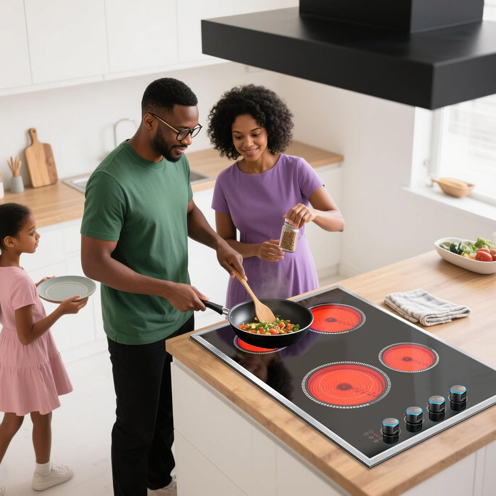 30 Inch Electric Cooktop, 4 Burner Electric Stove Top with Knob Control, 6700W Stove Top Burner with Overheat Protection, Child Lock, Timer, Durable Metal Frame, Bulit-in Glass Top 220-240V Hardwired