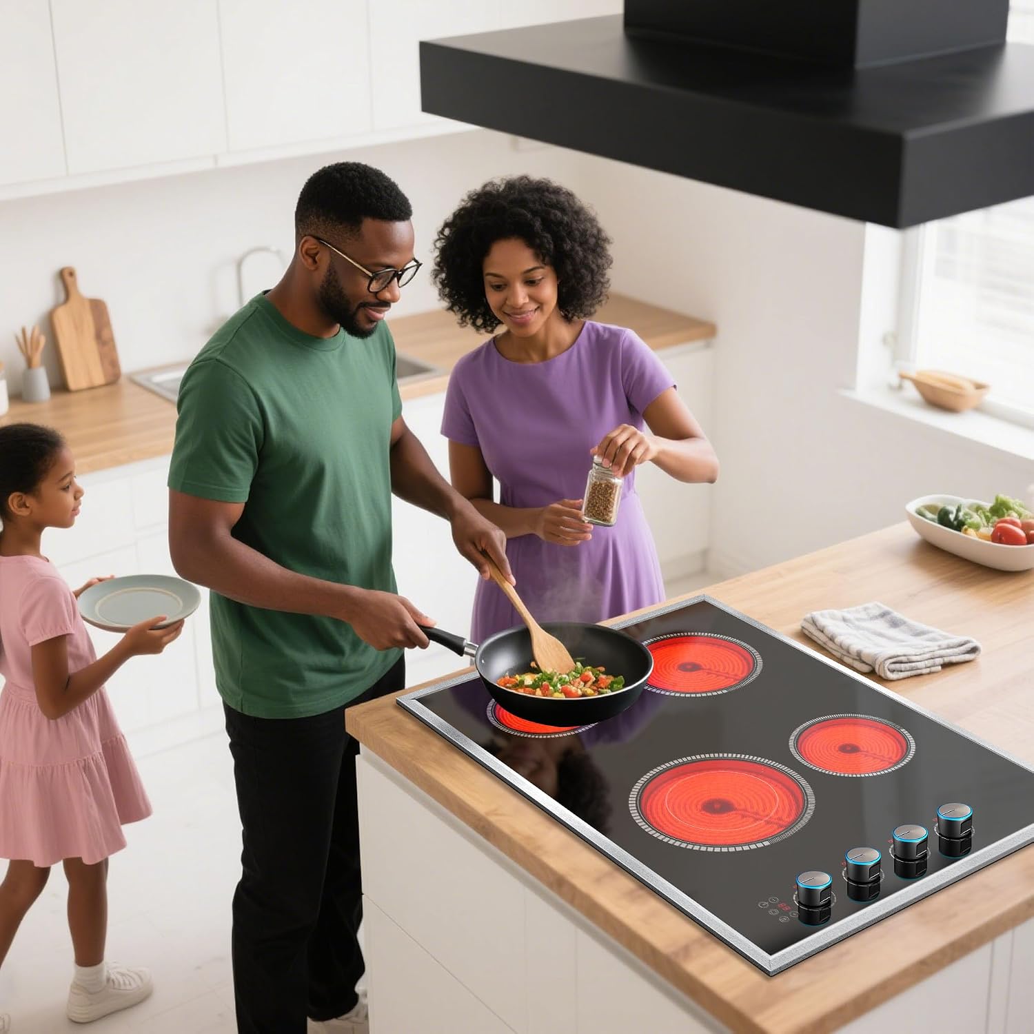 30 Inch Electric Cooktop, 4 Burner Electric Stove Top with Knob Control, 6700W Stove Top Burner with Overheat Protection, Child Lock, Timer, Durable Metal Frame, Bulit-in Glass Top 220-240V Hardwired