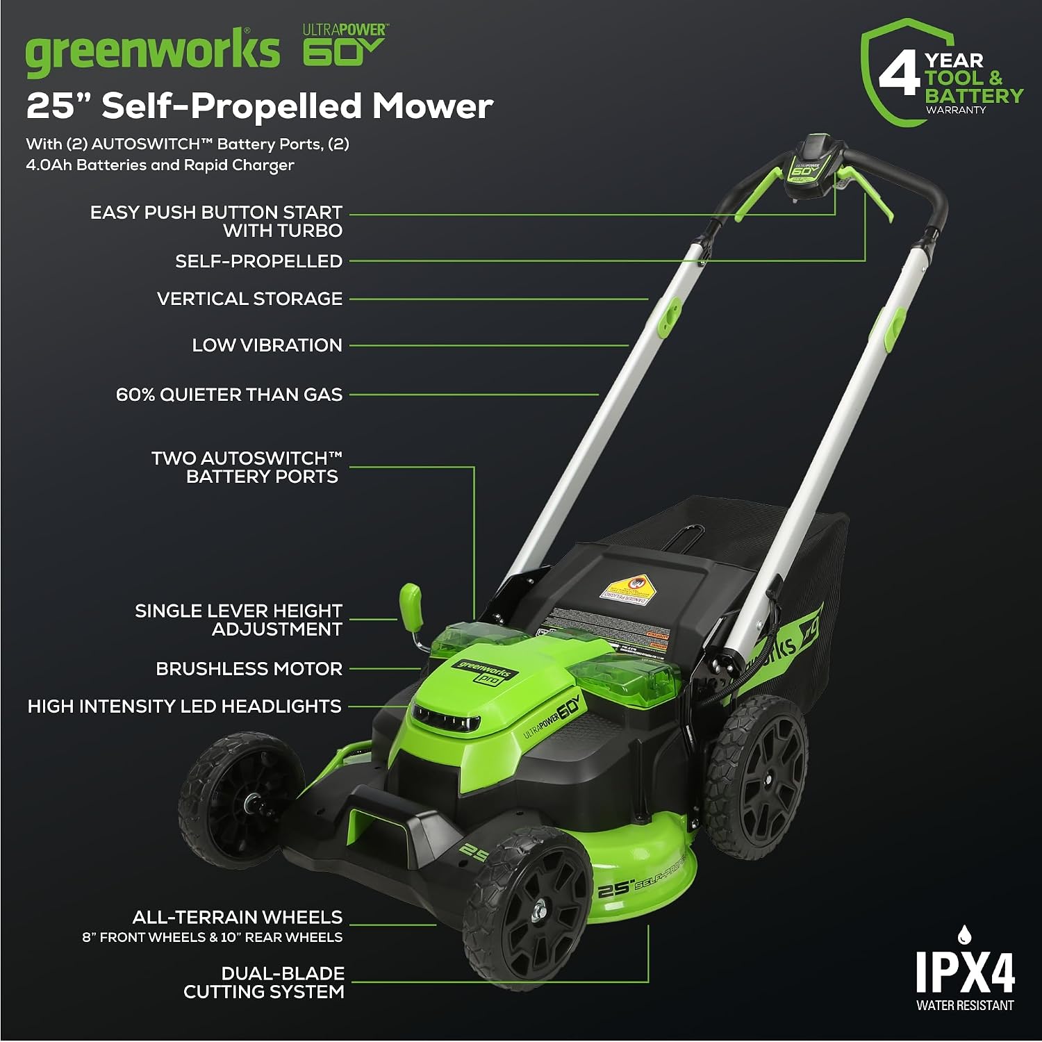 Greenworks 60V 25' Self-Propelled Cordless Lawn Mower – 2 x 4.0Ah Batteries & Fast Charger(75+ Tool Compatibility, 80Min Runtime)