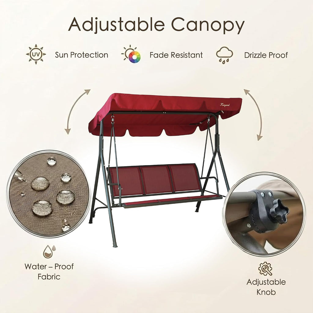 Kozyard 3-Person Outdoor Canopy Porch Swing Chair, Breathable Textilene Armrest Seat, Adjustable Shade, Heavy-Duty Powder-Coated Steel Frame Swing for Patio, Backyard, Poolside & Balcony Burgundy
