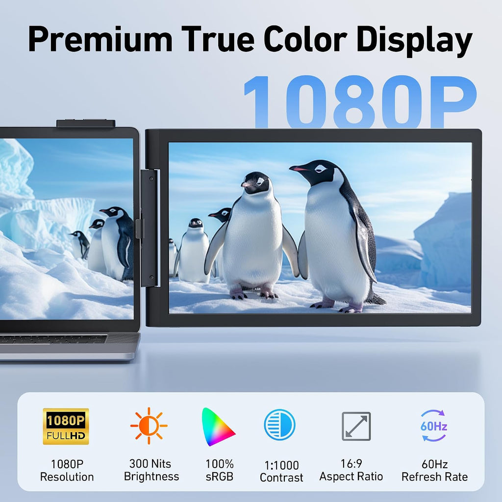 Laptop Screen Extender, 14'' FHD 1080P Triple Portable Monitor for Laptop with Ultra-Slim IPS Display, USB-C Plug and Play Multi Screen Attachment for 14'-15.6' Laptops