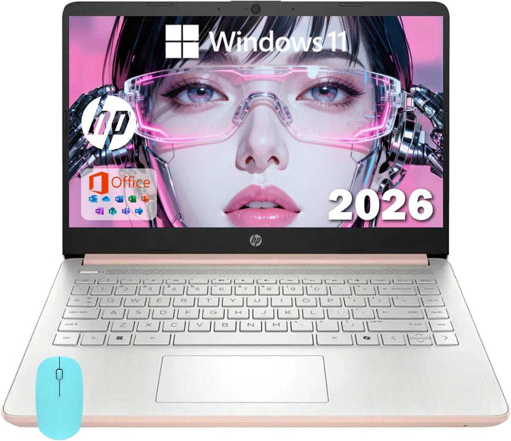 HP 14 Elite Laptop, 4GB RAM, 1.12TB Total Storage (64GB+64GB MSD+1TB Cloud), Rose Gold Pink, Office 365, Intel Multi-Core, Win11, Copilot AI, 11Hr Battery, Alpacatec Mouse