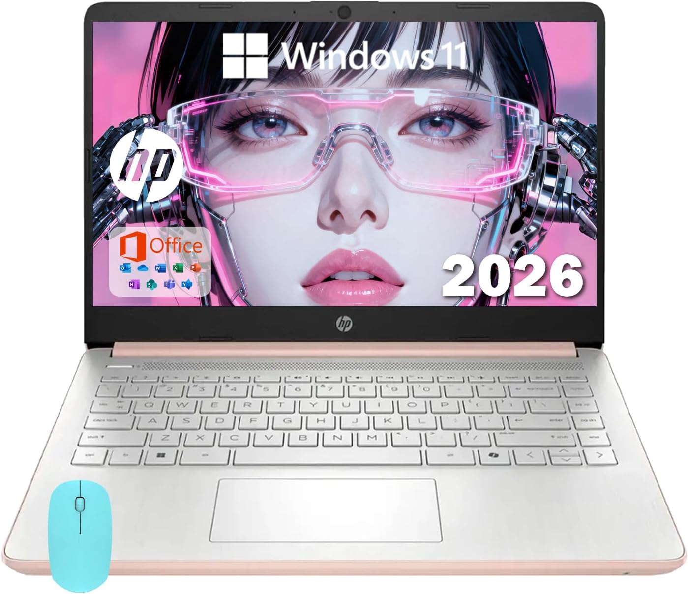 HP 14 Elite Laptop, 4GB RAM, 1.12TB Total Storage (64GB+64GB MSD+1TB Cloud), Rose Gold Pink, Office 365, Intel Multi-Core, Win11, Copilot AI, 11Hr Battery, Alpacatec Mouse