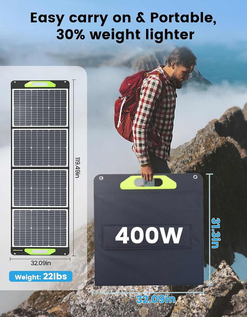 Greenmagic Portable 400 Watt Solar Panel, 39V 400W Foldable Panel Solar Charger Lightweight Durable Compatible with Most 40v Portable Solar Generator Power Station on The Market for RV Camping Home