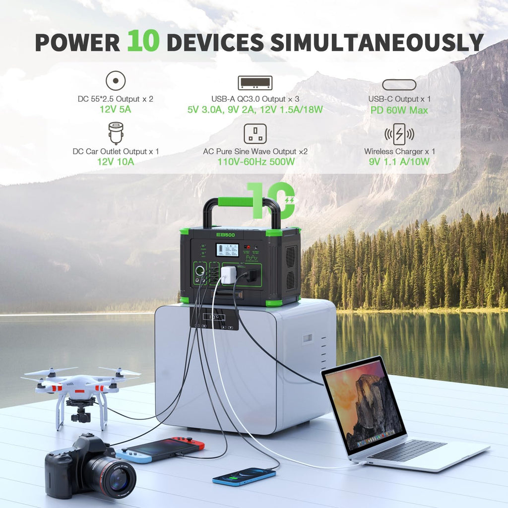 Portable Power Station 500W, 519Wh Solar Generator, 110V Pure Sine Wave AC Outlets, 60W USB-C PD, 10 Ports for Outdoor Camping RV Van, Home Backup Emergency Off-Grid Living,(1000W Peak) Dark Green