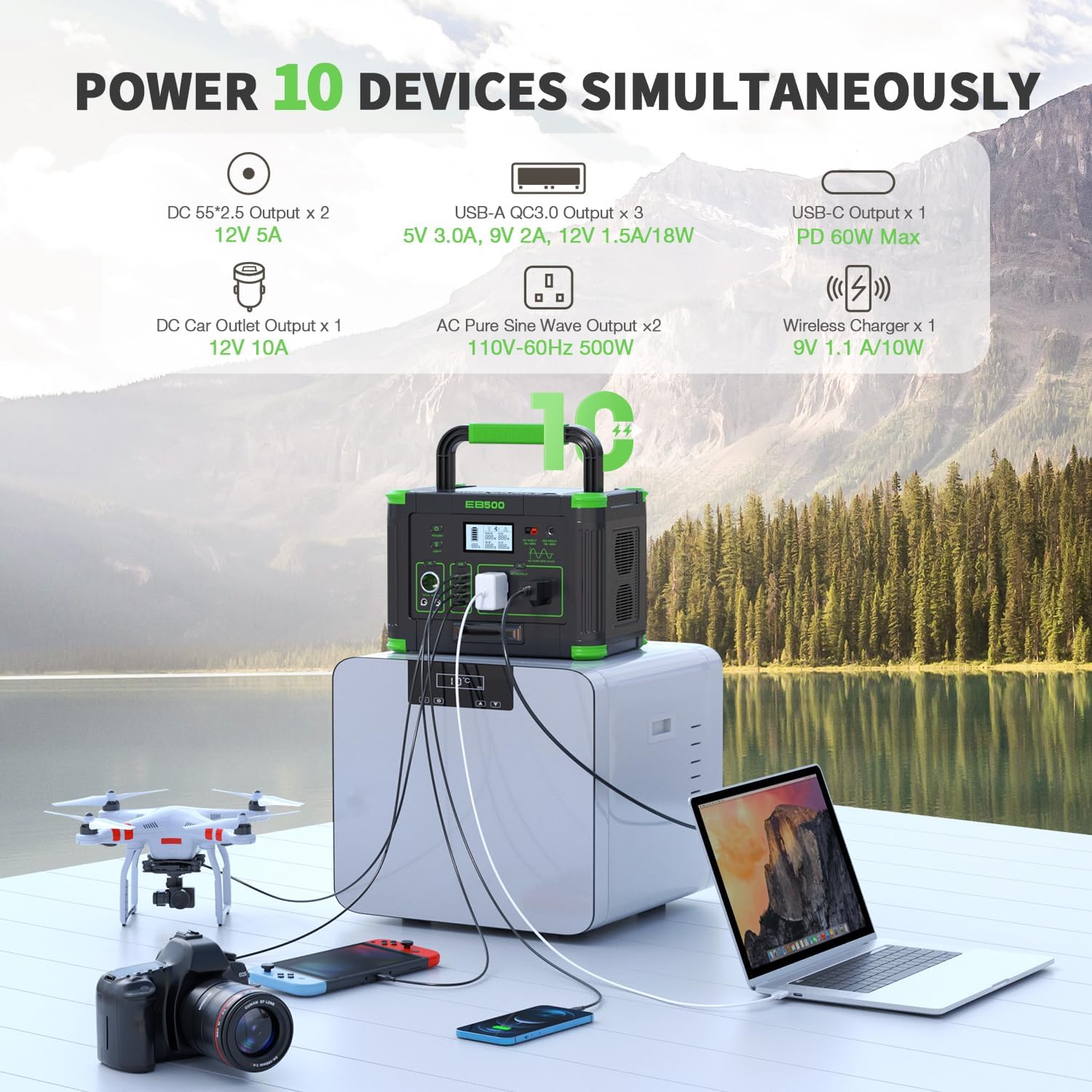 Portable Power Station 500W, 519Wh Solar Generator, 110V Pure Sine Wave AC Outlets, 60W USB-C PD, 10 Ports for Outdoor Camping RV Van, Home Backup Emergency Off-Grid Living,(1000W Peak) Dark Green