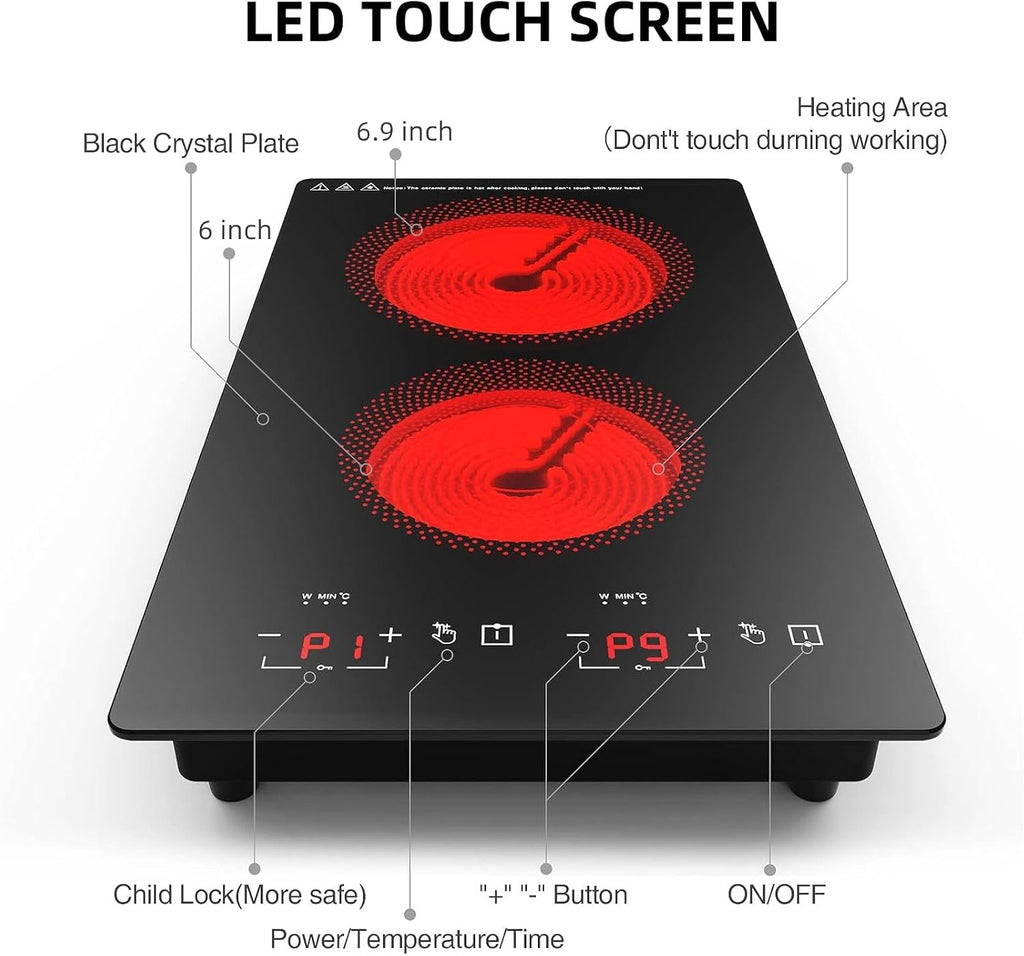 Electric Cooktop 2 Burners 2100W, 110v-120v Electric Stove Top 12 inch, Countertop & Built-in Cooktop, 20 Temperature 9 Power Levels, Child Lock, Timer, Over-Heat Protection