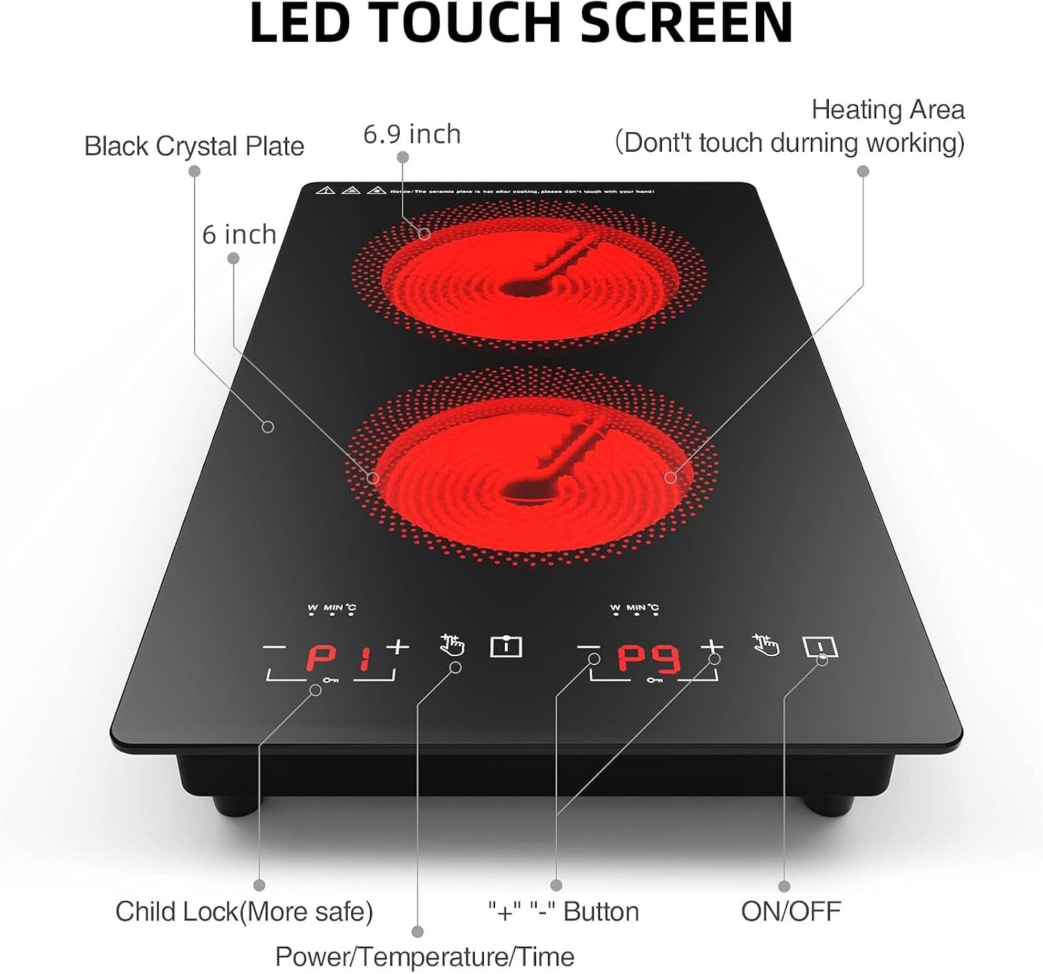 Electric Cooktop 2 Burners 2100W, 110v-120v Electric Stove Top 12 inch, Countertop & Built-in Cooktop, 20 Temperature 9 Power Levels, Child Lock, Timer, Over-Heat Protection