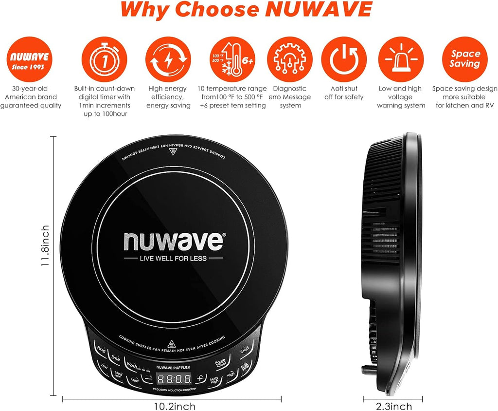 Nuwave Cast Iron Grill With Enameled Non-Stick Coating, Designed For The Precision Induction Cooktop Black 16.3' x 10.4' x 0.7' & Flex Precision Induction Cooktop, Portable, Large 6.5' Heating