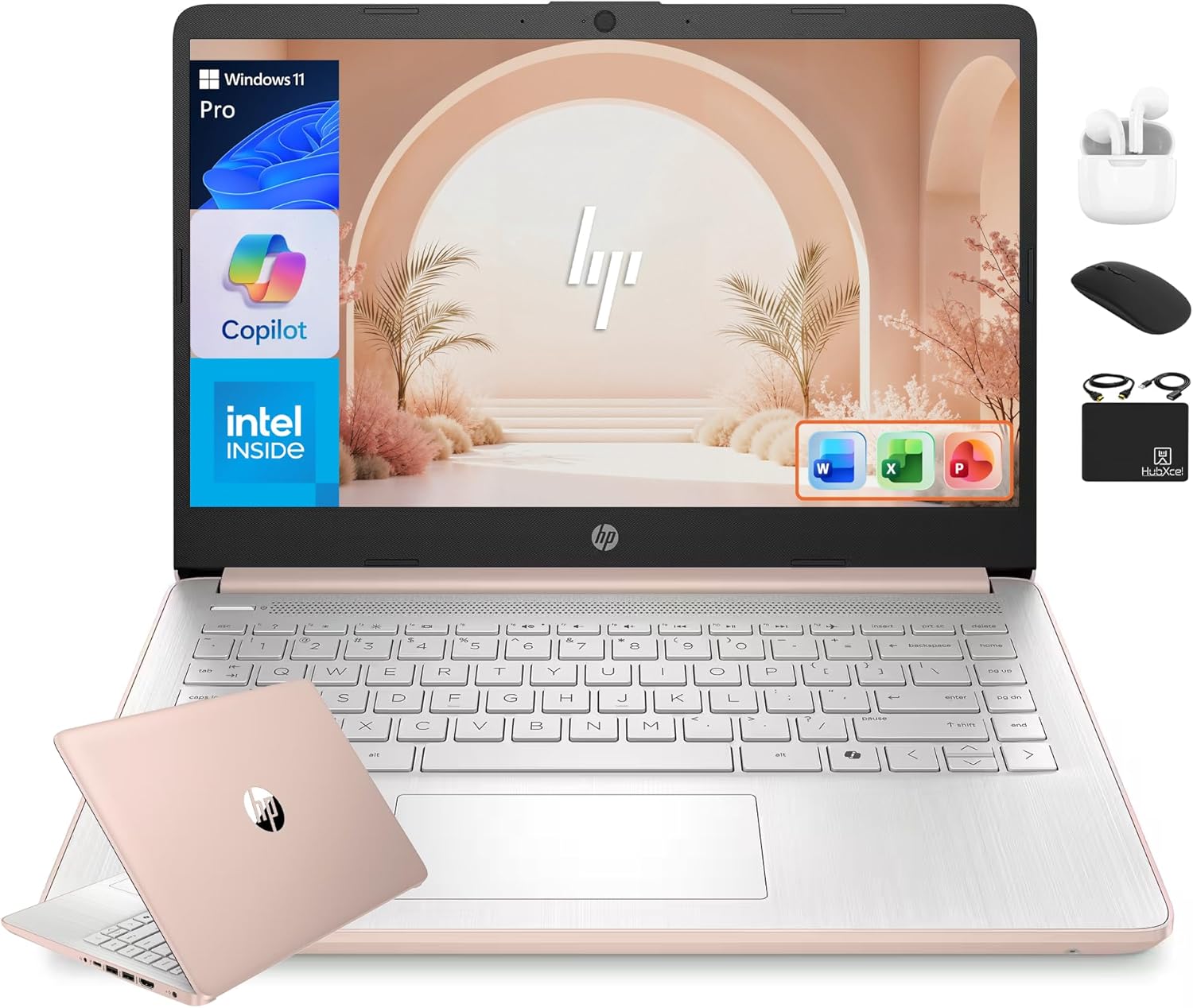 HP 14' Flagship Laptop 2025 AI-Powered Computer, Office Lifetime, Student Business, 4-Core Intel CPU, 16GB RAM 628GB Storage (128GB UFS+ 500GB Ext), Long Battery HubxcelAccessory Win 11 Pro Rose Gold