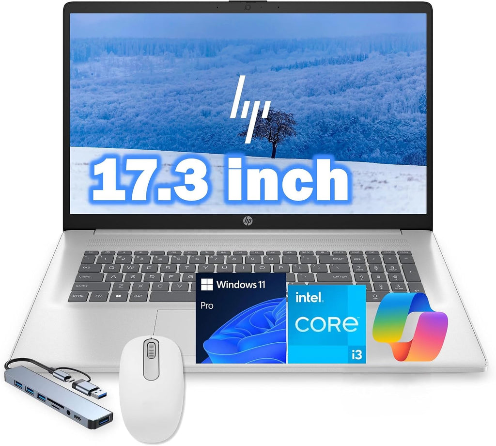HP 17.3' Business BrightView Laptop, Intel i3 8-Core Processor, 32GB RAM, 2TB PCI-E SSD, HDMI, USB-C, Windows 11 Pro with Copilot, Includes Hub and Mouse, Intel UHD Graphics, Silver
