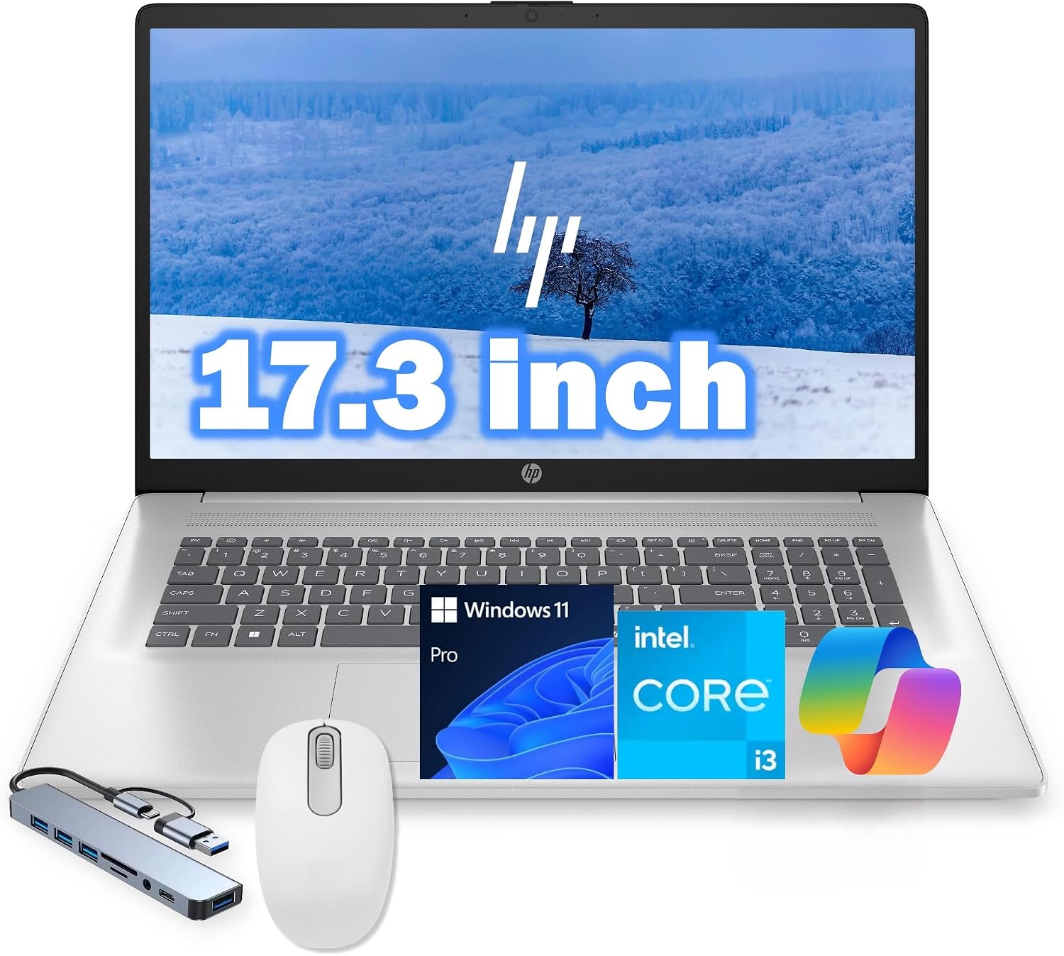 HP 17.3' Business BrightView Laptop, Intel i3 8-Core Processor, 32GB RAM, 2TB PCI-E SSD, HDMI, USB-C, Windows 11 Pro with Copilot, Includes Hub and Mouse, Intel UHD Graphics, Silver