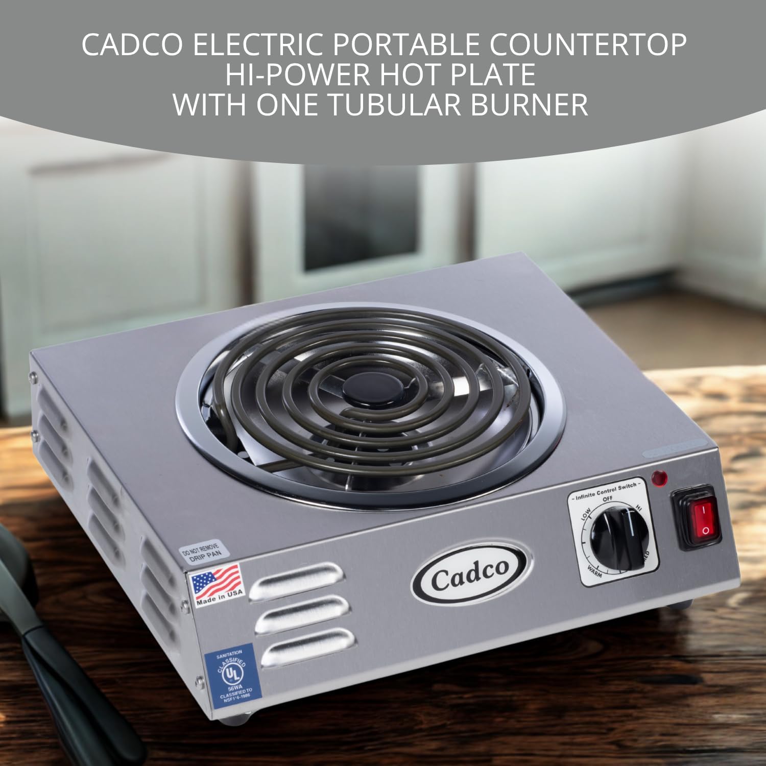 Cadco CSR-3T 14' Electric Portable Countertop Hi-Power Hot Plate w/One Tubular Burner for Restaurant Hotel Food Truck Concession Kiosk, Stainless Steel, 120v