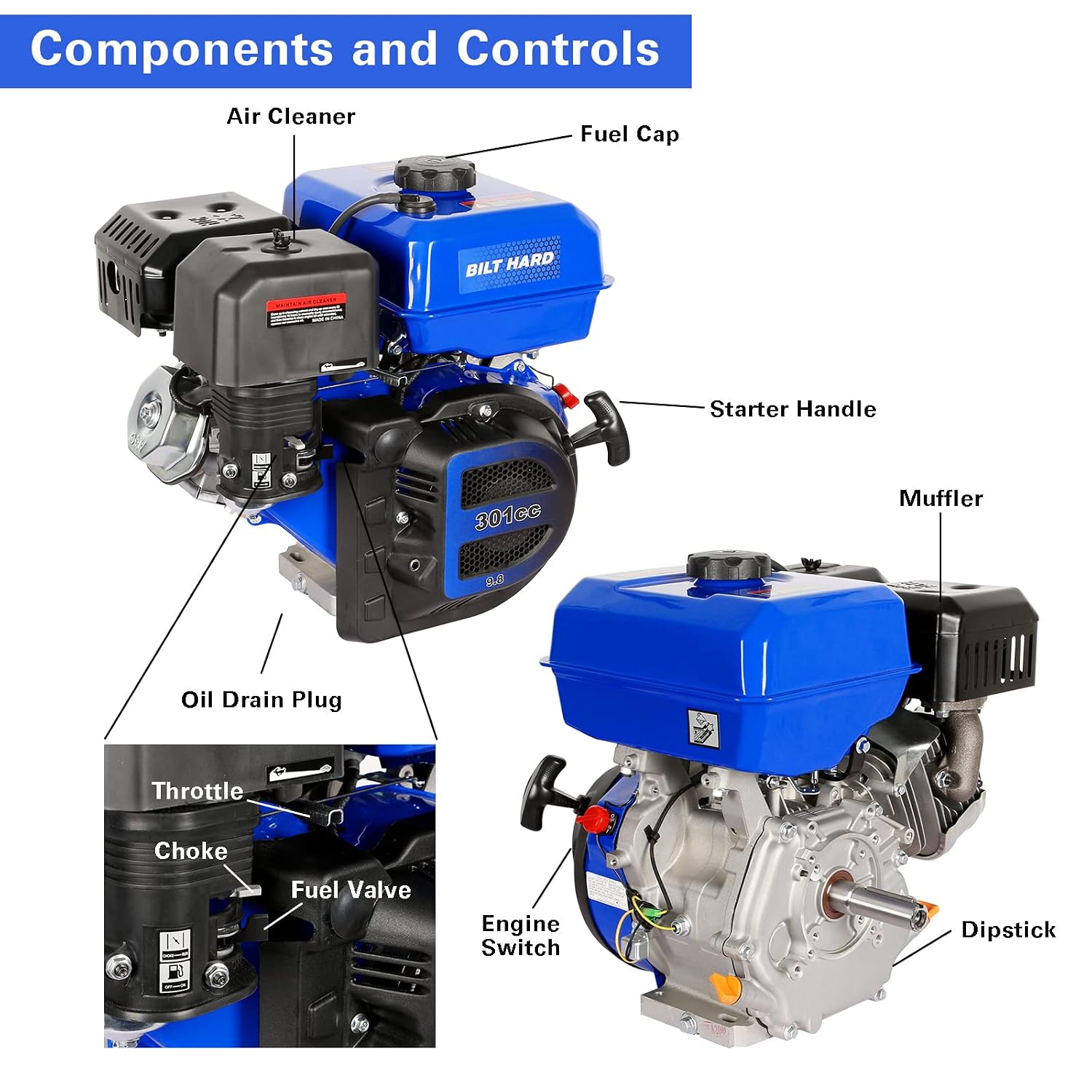 BILT HARD 301cc 10HP Gas Powered Engine, Horizontal 4 Stroke OHV Gas Motor, Shaft 1' Diameter, 3.48' Length, 1/4' Keyway, Replacement for Compressor, Log Splitter