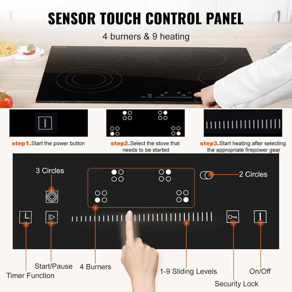 VEVOR Electric Stove Top 30inch 4 Burners Electric Cooktop,9 Power Levels & Sensor Touch Control,Easy to Clean Ceramic Glass Surface,Child Safety Lock,240V
