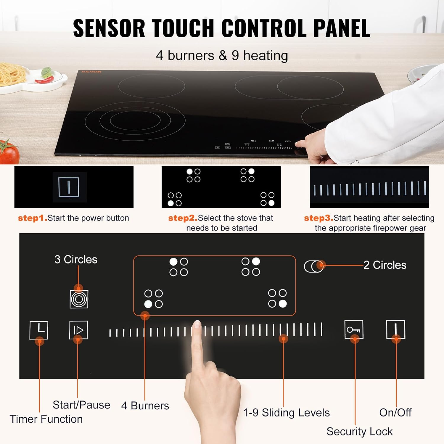 VEVOR Electric Stove Top 30inch 4 Burners Electric Cooktop,9 Power Levels & Sensor Touch Control,Easy to Clean Ceramic Glass Surface,Child Safety Lock,240V