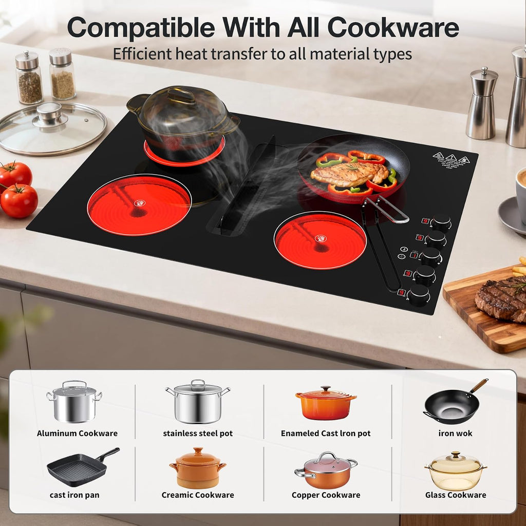 30 Inch Electric Cooktop with Downdraft: 4 Burner 220V Electric Stove Top with 10 Power Levels, Safety Lock - 6000W Built-In Cooktop for Kitchen Island
