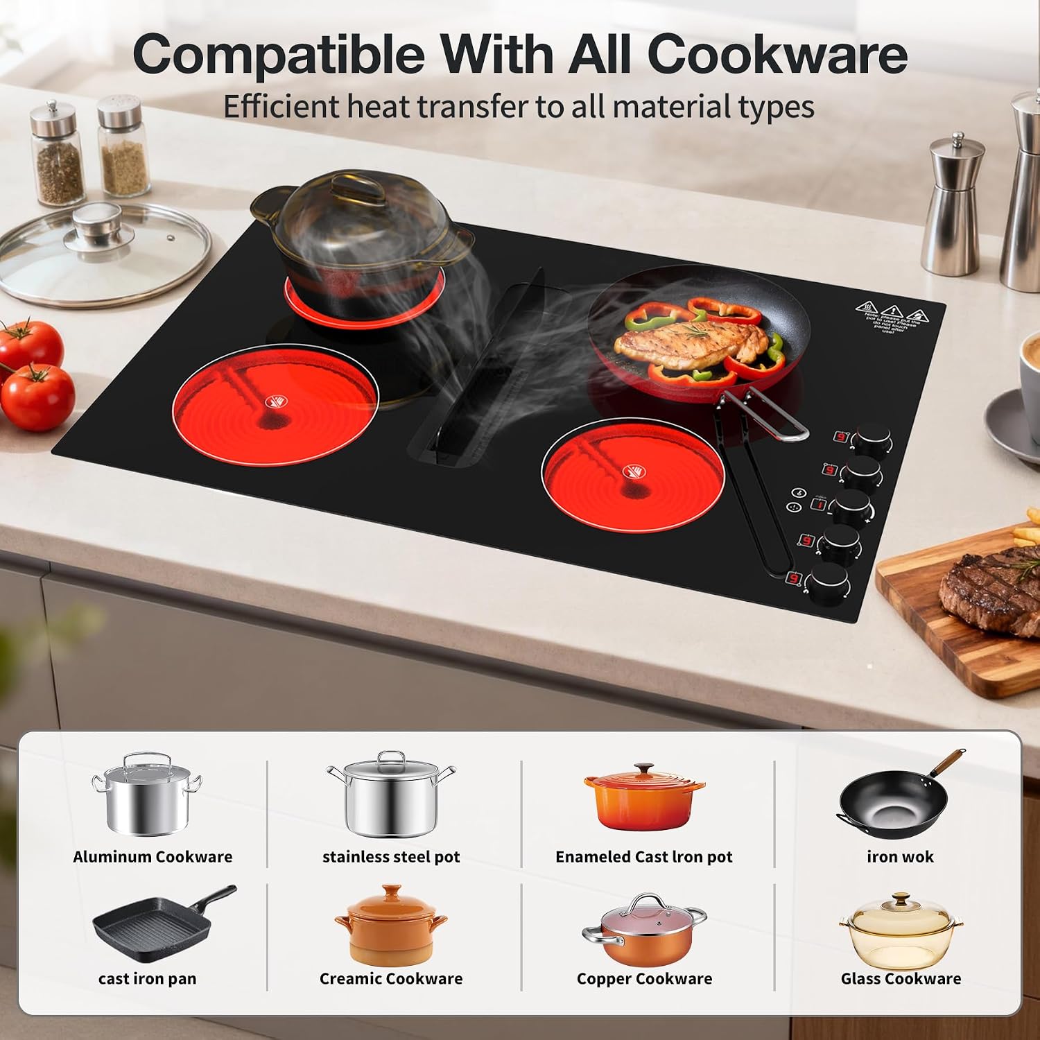 30 Inch Electric Cooktop with Downdraft: 4 Burner 220V Electric Stove Top with 10 Power Levels, Safety Lock - 6000W Built-In Cooktop for Kitchen Island