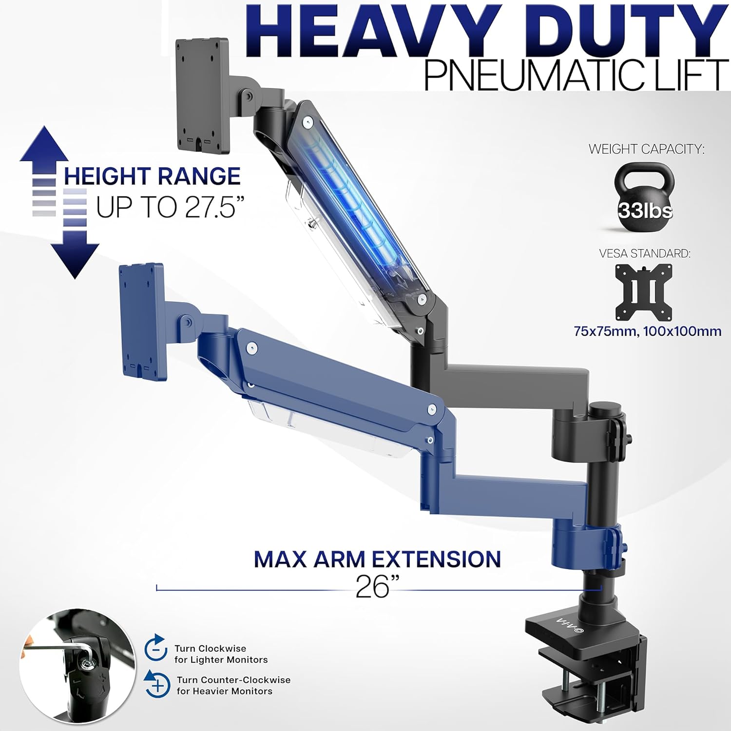 VIVO Premium Aluminum Tall Extended Monitor Arm for Ultrawide Monitors up to 49 inches and 33 lbs, Single Desk Mount Stand, Pneumatic Height Adjusting, Max VESA 100x100, Black, STAND-V101GT