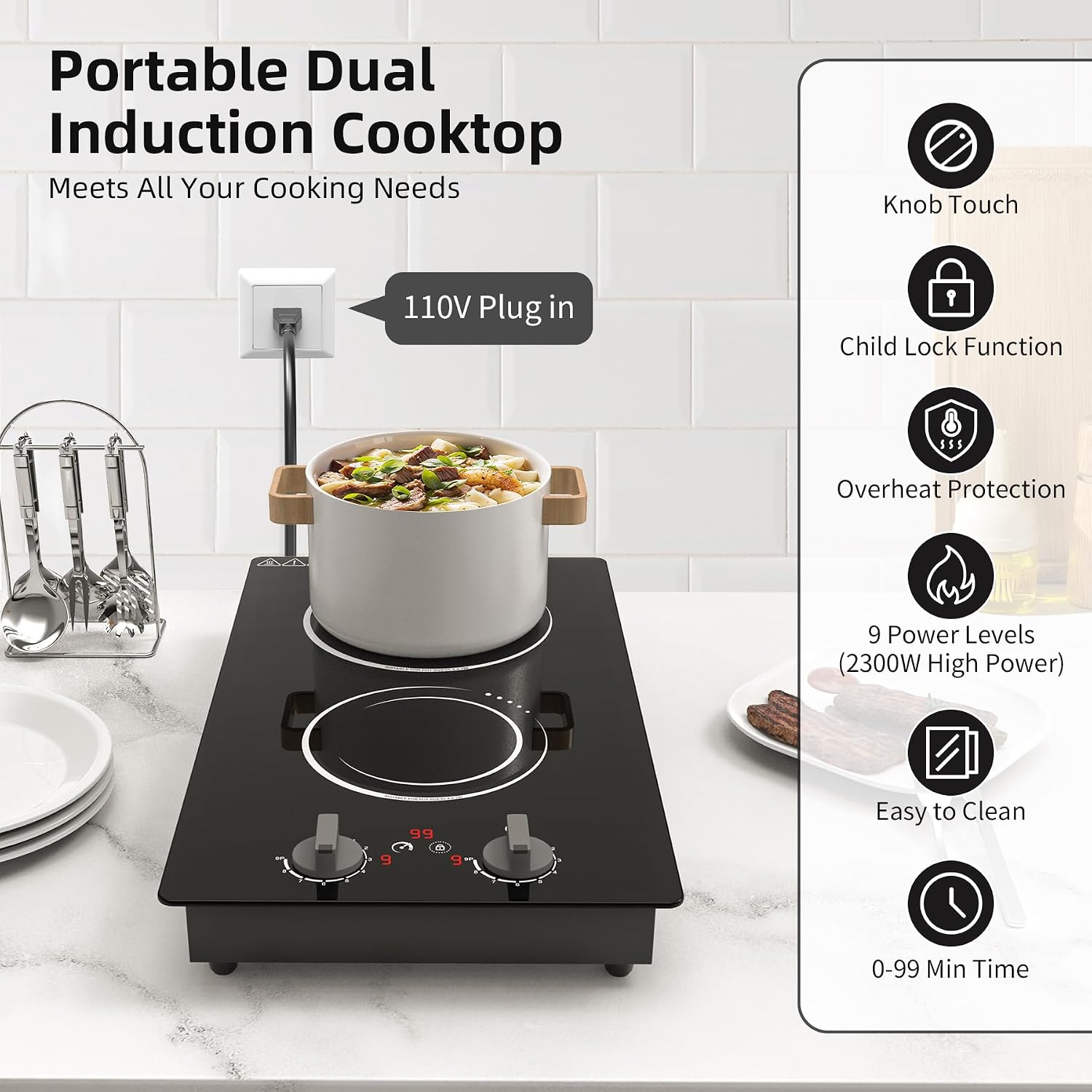 VBGK Double Induction Cooktop,110V 2300W 2 burner induction cooktop,2 burner Hot Plate Electric burner with LCD Touch Screen 9 Levels Settings Child Safety Lock & Timer