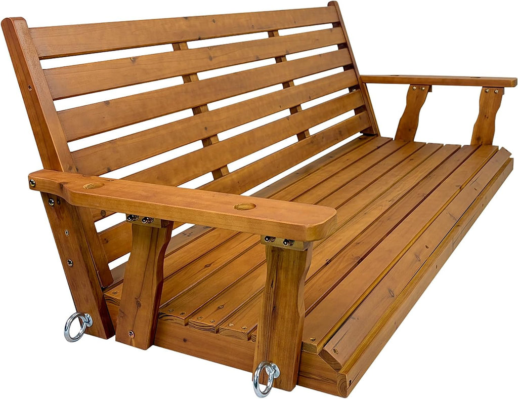 Wooden Porch Swing, Ergonomic Seat, Bench Swing with Hanging Chains and 7mm Springs, Heavy Duty 800 LBS, for Outdoor Patio Garden Yard (Brown, 3-Seater Extra Large)